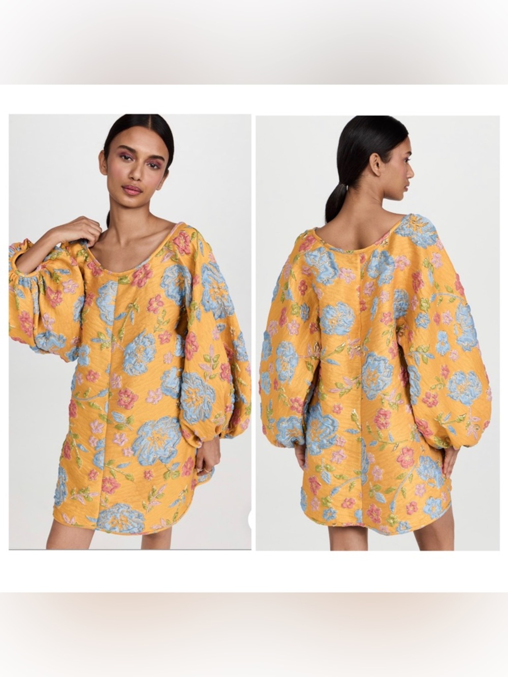 NEW Arianne Elmy Yellow Jacquard Good Luck Dress Metallic Floral Embroidery XS